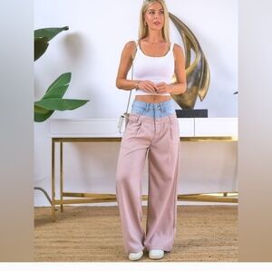 Elegant Dusty Rose Striped and Blue Denim Women's Trousers